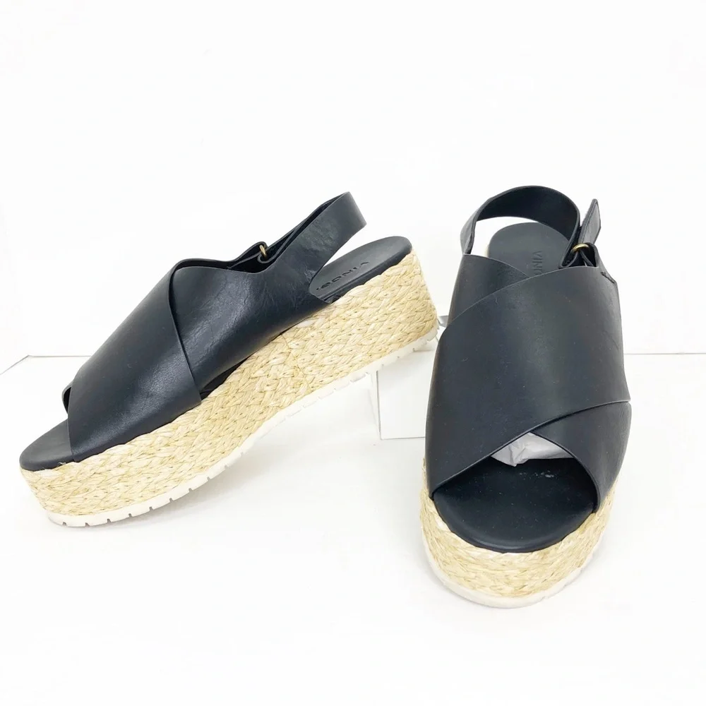 Vince, black, leather espadrille, platform, wedge sandals